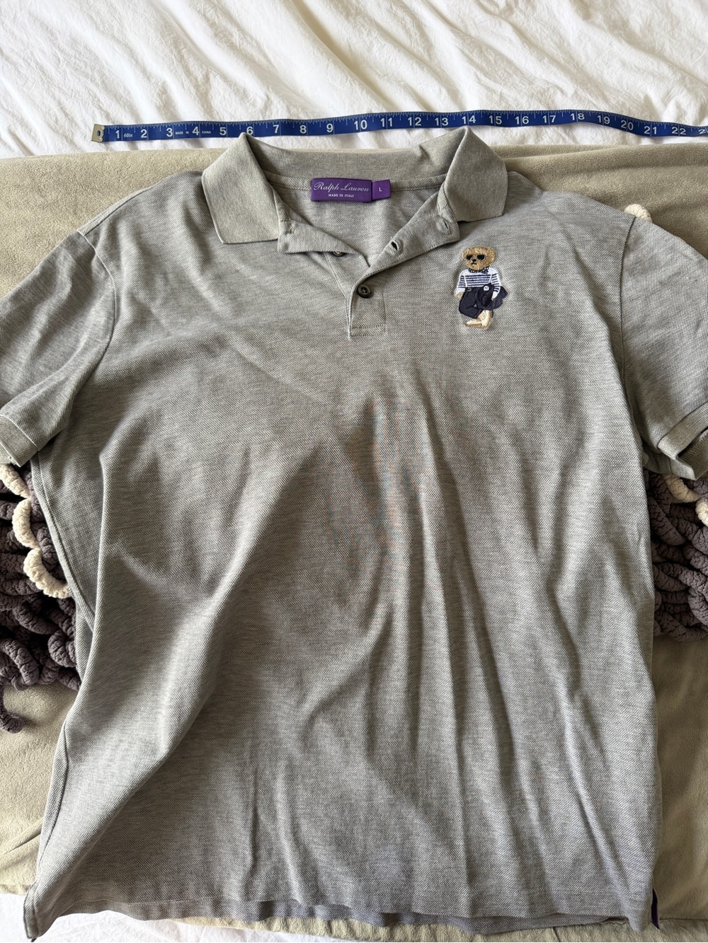 Ralph Lauren Purple Label Light Gray Polo Shirt with Polo Bear